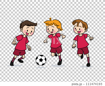 赤いユニフォームを着てサッカーをする子供達のイラスト 111474193