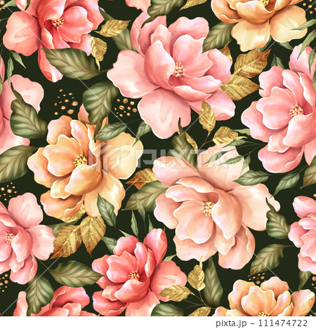Seamless pattern with pink and yellow flowers on dark green background. Beautiful floral design 111474722