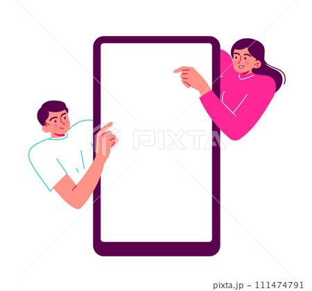 People at the big smartphone pointing at the screen 111474791