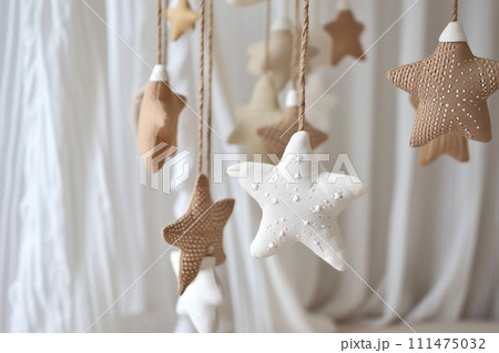 Scandinavian Baby crib mobile with wooden and textile stars 111475032