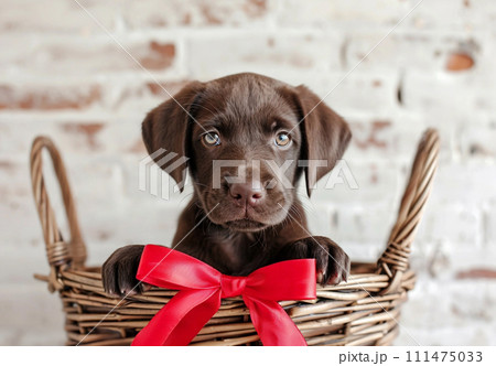 Cute brown labrador puppy with red bow in basket, rustic brick wall on background 111475033