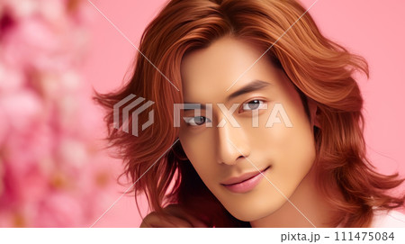 Handsome young male guy smile Asian with long red hair, on pink background, banner, copy space, portrait. Handsome young male guy smile Asian with long red hair, on pink background, banner, copy space, portrait. 111475084
