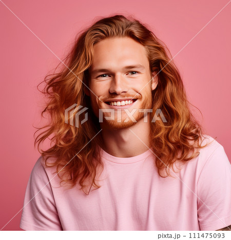 Handsome young male guy smile Asian with long red hair, on pink background, banner, copy space, portrait. Handsome young male guy smile Asian with long red hair, on pink background, banner, copy space, portrait. 111475093