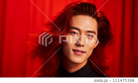 Handsome young male guy smile Asian with long red hair, on red background, banner, copy space, portrait. 111475106
