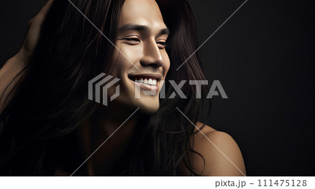 Elegant handsome smiling young Asian man with long hair, on silver, banner, copy space, portrait. Elegant handsome smiling young Asian man with long hair, on silver, banner, copy space, portrait. 111475128