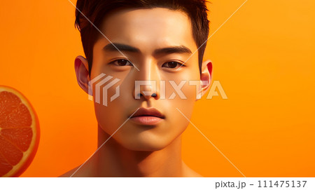 Elegant handsome young male guy Asian, on yellow orange background, banner, copy space, portrait. Elegant handsome young male guy Asian, on yellow orange background, banner, copy space, portrait. 111475137