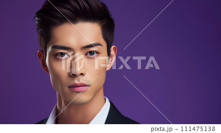 Elegant handsome young male guy Asian, on purple background, banner, copy space, portrait. Elegant handsome young male guy Asian, on purple background, banner, copy space, portrait. 111475138