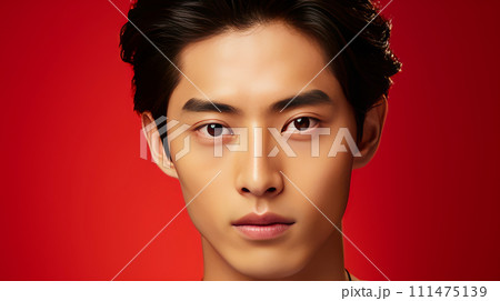 Elegant handsome young male guy Asian, on red background, banner, copy space, portrait. 111475139