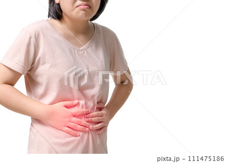 Asian girl having stomach ache, bending and holding hands on belly isolated on white background, 111475186