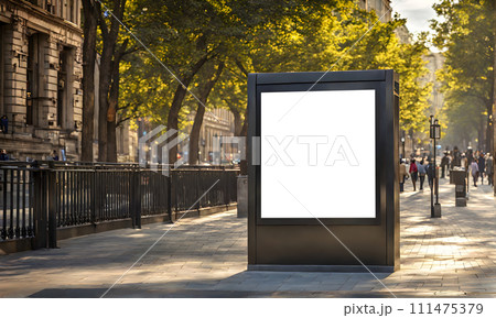 Advertising stand in a city street setting 111475379