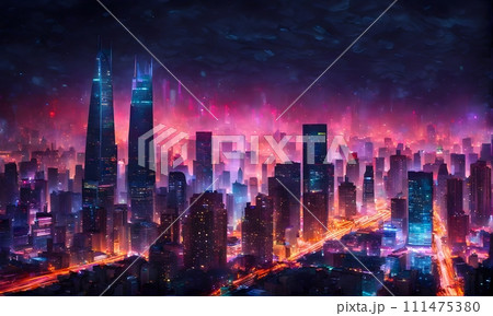 Abstract cityscape at night with futuristic financial elements 111475380