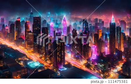 Abstract cityscape at night with futuristic financial elements 111475381