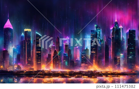 Abstract cityscape at night with futuristic financial elements 111475382