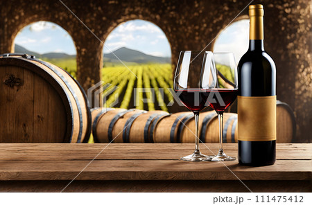 Rustic wooden table with bottle of wine and glasses 111475412