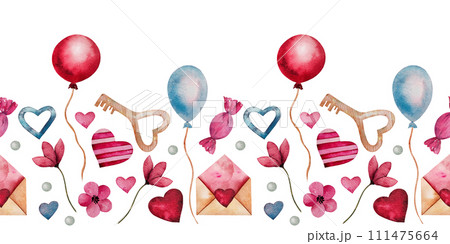 Seamless border with watercolor hearts, envelope, candies, red and blue balloon and key. Hand drawn romantic art for valentine's day, lovers cards, wedding design. Template for web banners, gift. 111475664