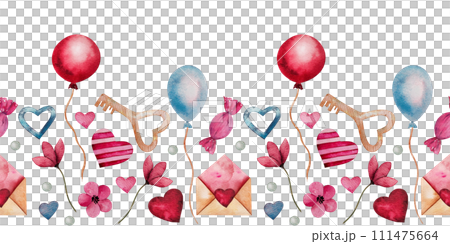 Seamless border with watercolor hearts, envelope, candies, red and blue balloon and key. Hand drawn romantic art for valentine's day, lovers cards, wedding design. Template for web banners, gift. 111475664