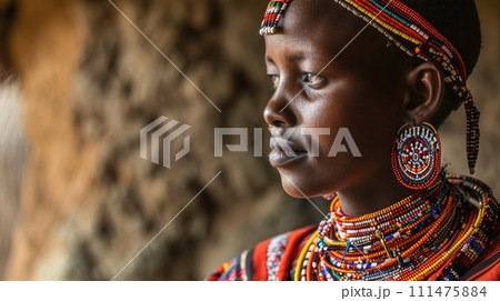 Maasai woman and traditional beaded adornments reflecting her identity. Maasai woman and traditional beaded adornments reflecting her identity. 111475884