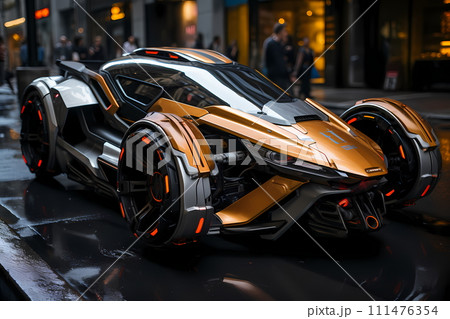 Futuristic vehicle parked on high ground the background is cityscape far away can be used to supplement advertisements for other product or service related to technology, the future, luxury or modern. Futuristic vehicle parked on high ground the background is cityscape far away can be used to supplement advertisements for other product or service related to technology, the future, luxury or modern. 111476354