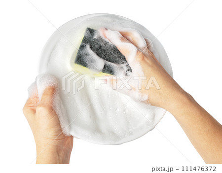 Hand holding plate with cleaning sponge with soap foam 111476372