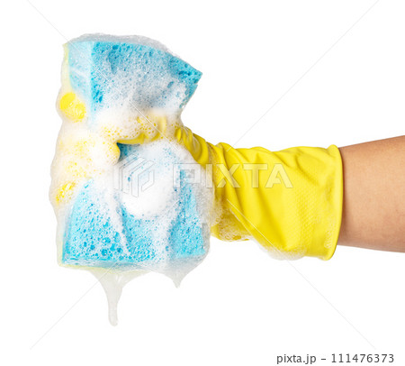 Hand holding cleaning sponge 111476373