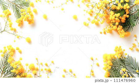AI-generated content. Bright and fresh arrangement of yellow mimosa flowers in a creative frame on a white background, mockup 111476960