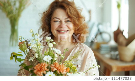 AI-generated content. A middle-aged Caucasian woman beaming with happiness holds bright bouquet of flowers in bright room. Festive concept spring holidays 111477028