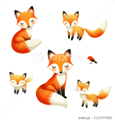 Set of watercolor cute fox. Hand Drawn vector illustration. 111477092