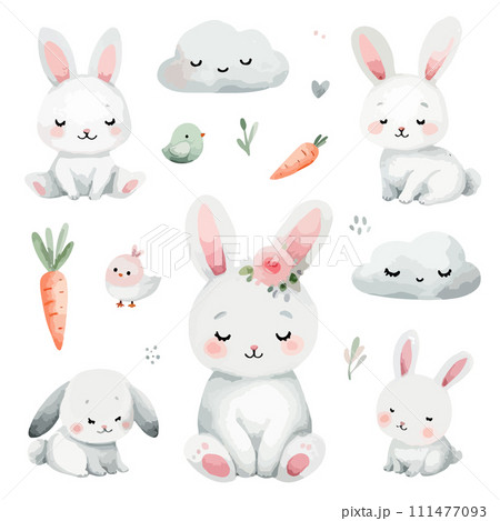 Set of watercolor cute white rabbits. Hand Drawn vector illustration. 111477093
