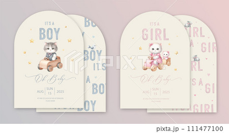 Cute baby shower watercolor arch invitation card with toy kitten sitting in a toy wood car. Oh baby calligraphy. 111477100