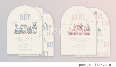 Cute baby shower watercolor arch invitation card with plush toys sitting in a toy train. Oh baby calligraphy. 111477101