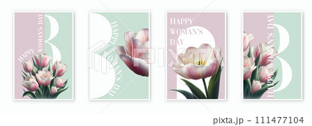 Set of Happy womens day greeting card. March 8 Holiday poster with type design and tulip flower. Set of Happy womens day greeting card. March 8 Holiday poster with type design and tulip flower. 111477104