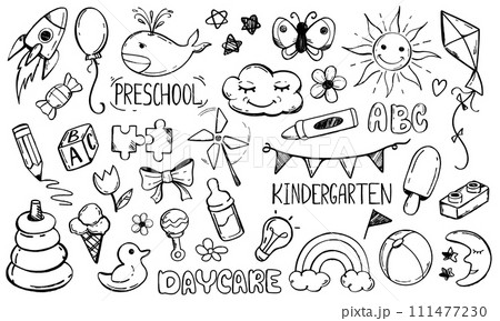 Daycare doodle set, kindergarten and preschool line art icons 111477230