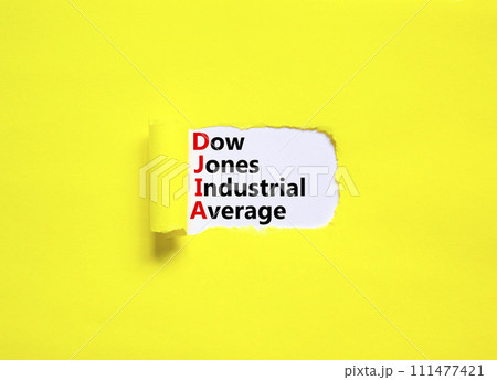 DJIA Dow Jones industrial average symbol. Concept words DJIA Dow Jones industrial average on white paper on beautiful yellow background. Business DJIA Dow Jones industrial average concept. Copy space 111477421