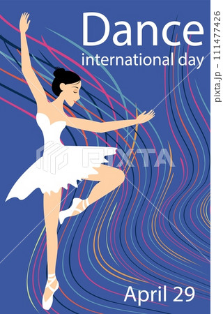 Dance Day. Ballerina and colorful waves on a blue background. Dance Day. Ballerina and colorful waves on a blue background. 111477426