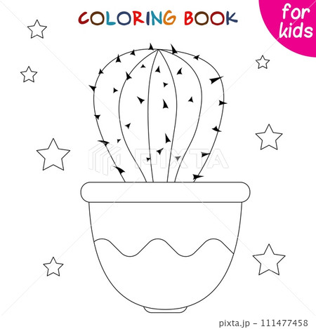 Houseplants. Round cactus and stars. Indoor exotic flowers in a flower pot. Coloring book page template Houseplants. Round cactus and stars. Indoor exotic flowers in a flower pot. Coloring book page template 111477458