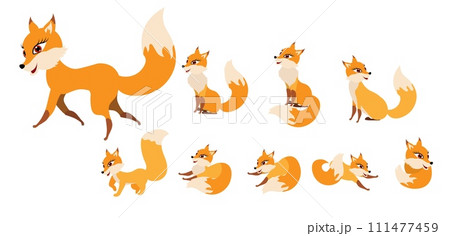 Funny collection of red foxes in different poses. Emotional little animal. Cartoon animal character design. Flat vector illustration 111477459