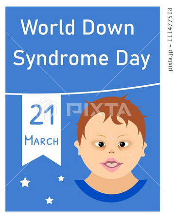 World Down syndrome day. Boy and inscription on a blue background. Down syndrome awareness concept. World Down syndrome day. Boy and inscription on a blue background. Down syndrome awareness concept. 111477518
