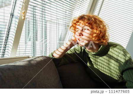 young red-haired woman in living room on sofa using phone young red-haired woman in living room on sofa using phone 111477605