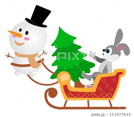 Christmas story time. The snowman is carrying a sleigh with a hare and a Christmas tree. Christmas and New Year vector composition. 111477633