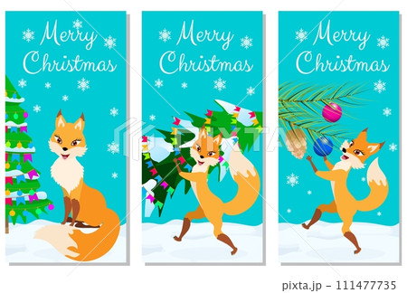 Christmas story time. Fox with a Christmas tree on a winter background. Christmas and New Year vector composition. 111477735