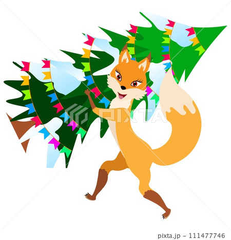 Christmas story time. The fox carries a decorated Christmas tree. Christmas and New Year vector composition. 111477746