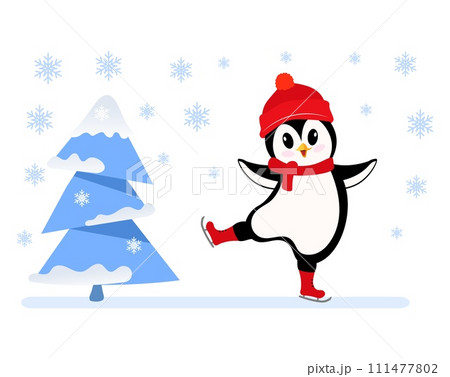 Winter is coming. Penguin on skates and Christmas tree. Christmas and New Year vector composition. 111477802