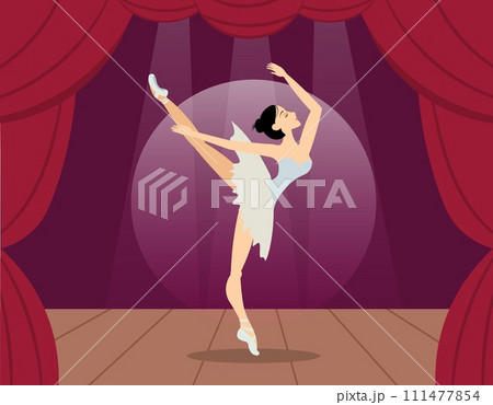 Beauty of classic ballet. A ballerina dances beautifully on the theater stage. A classical dancer performs on stage. Ballerina dancing in pointe shoes. 111477854