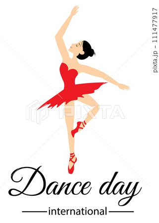 International Dance Day. Young ballerina in red on a white background. International Dance Day. Young ballerina in red on a white background. 111477917