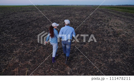two farmers working digital tablet field, agriculture, teamwork business, growth development cultivation, agricultural field, corncob, growing, agricultural, handshake, plantation, farmland, grain 111478211