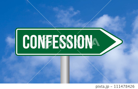 Confession road sign on cloudy sky background Confession road sign on cloudy sky background 111478426