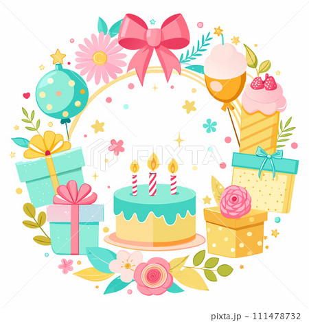 pastel colors frame with free place for text made from lot of birthday little cakes, candles, champagne 111478732