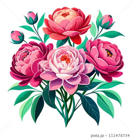 Women's day bouquet of peonies in the glamour style, golden glitter watercolor illustration on white background 111478734