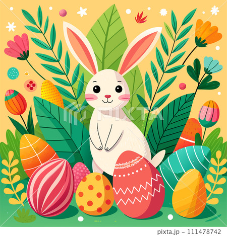 Easter, rabbit, eggs pattern flowers 111478742