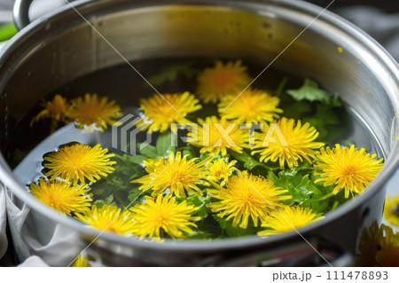 Dandelion flowers picked in spring macerating in water in a pot. Preparation of herbal syrup 111478893
